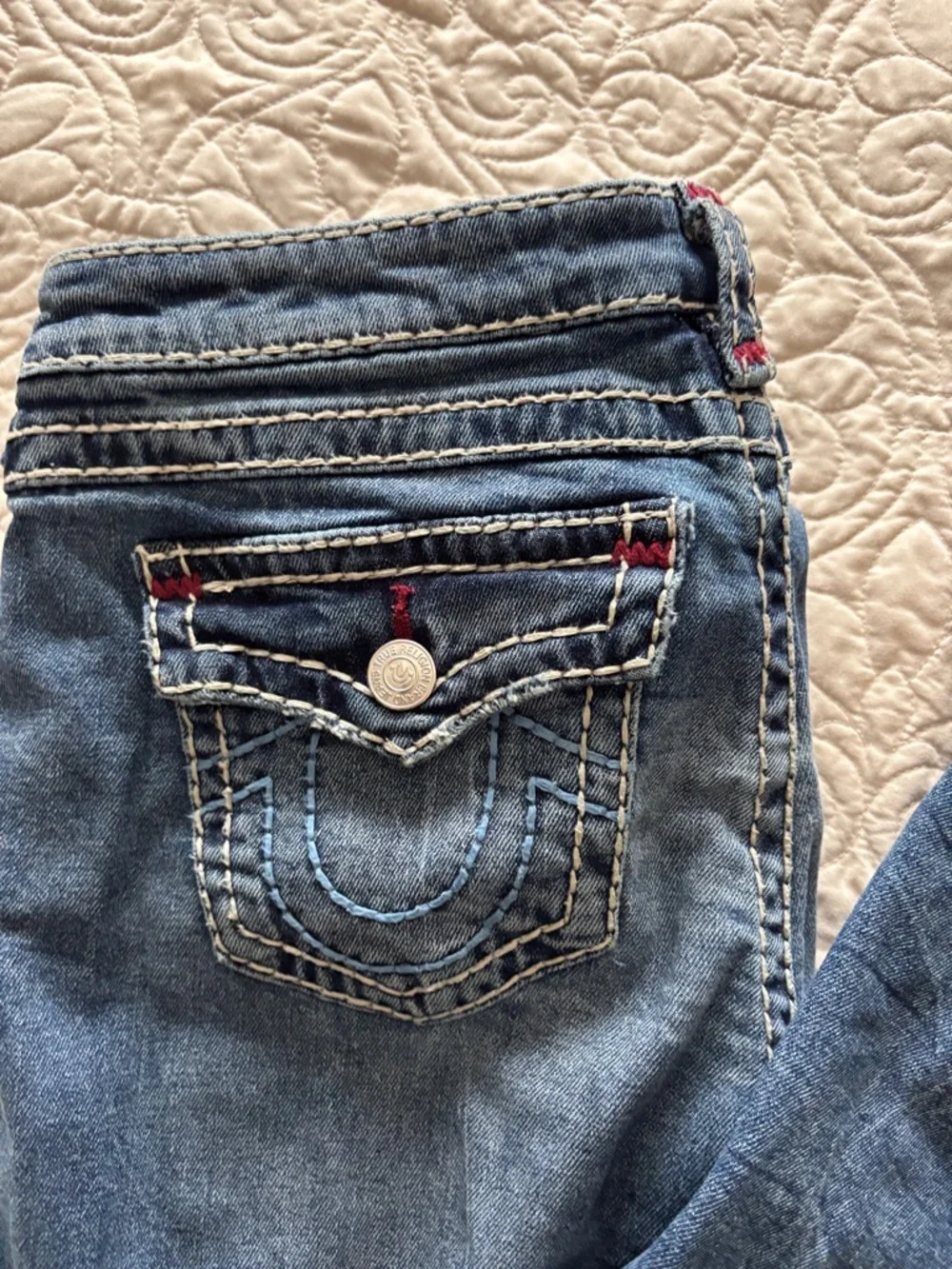 True Religion Dark Blue Flared Jeans with Contrast Stitching - Picture 6 of 8